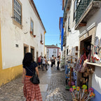 narrow street with people and shops in a Mediterranean town